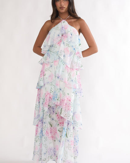 Blue Tiered Ruffle Maxi Dress Hydrangea