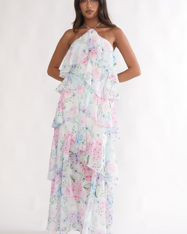 Blue Tiered Ruffle Maxi Dress Hydrangea
