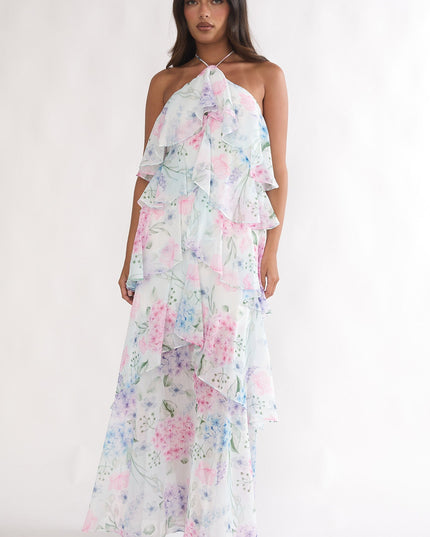 Blue Tiered Ruffle Maxi Dress Hydrangea