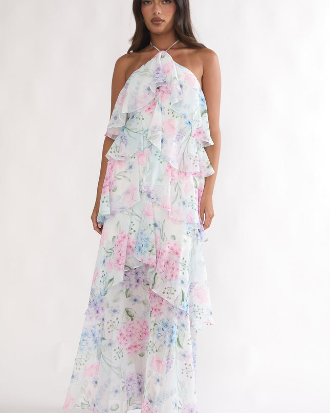 Blue Tiered Ruffle Maxi Dress Hydrangea