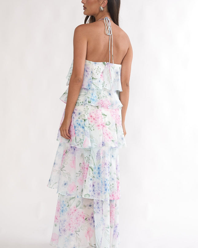 Blue Tiered Ruffle Maxi Dress Hydrangea