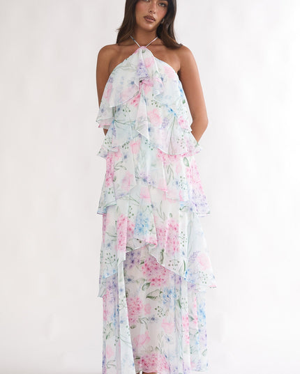 Blue Tiered Ruffle Maxi Dress Hydrangea