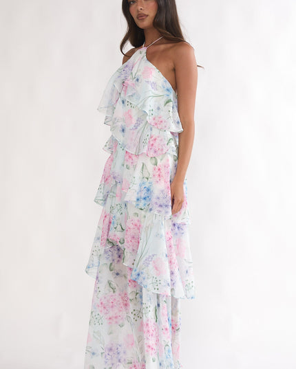 Blue Tiered Ruffle Maxi Dress Hydrangea