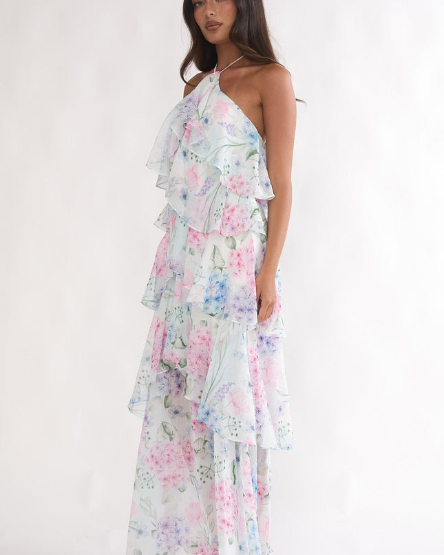 Blue Tiered Ruffle Maxi Dress Hydrangea