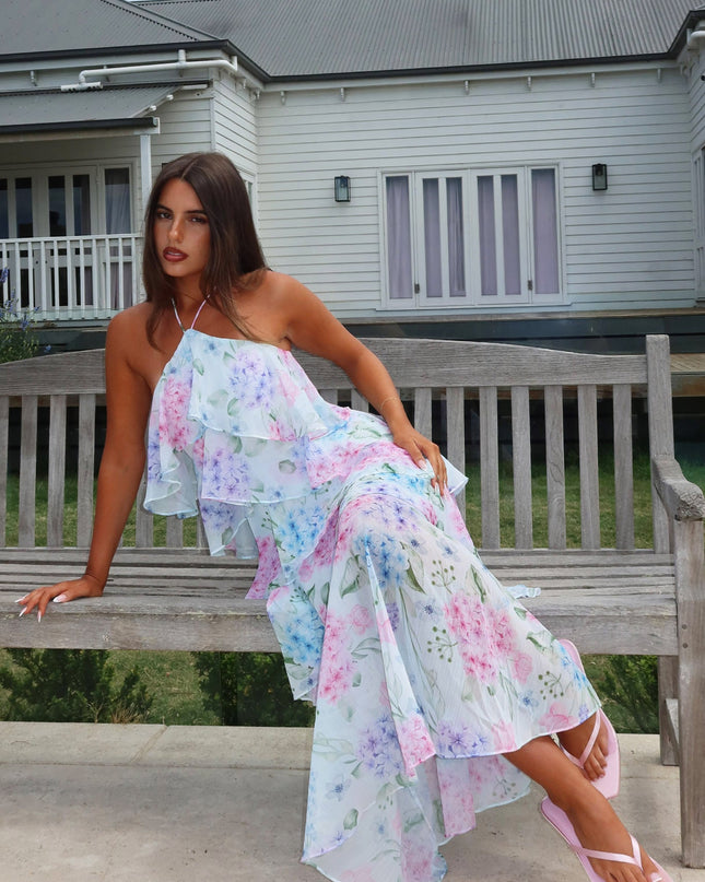 Blue Tiered Ruffle Maxi Dress Hydrangea