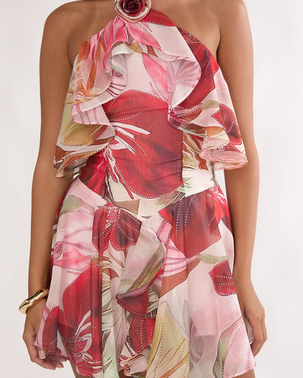 Red Tiered Ruffle Mini Dress Print