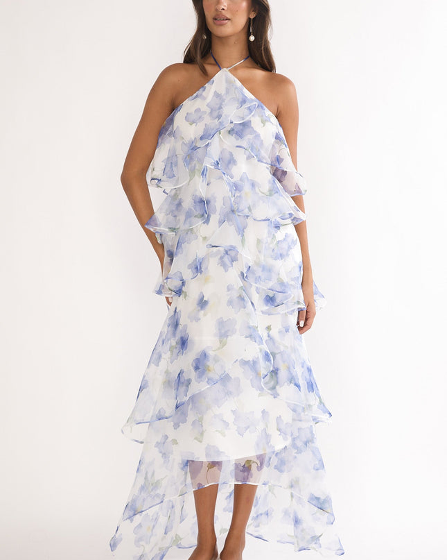 Blue Tiered Ruffle Maxi Dress Floral