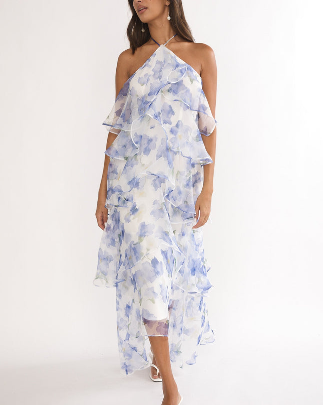 Blue Tiered Ruffle Maxi Dress Floral