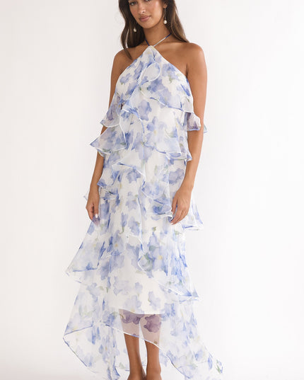 Blue Tiered Ruffle Maxi Dress Floral