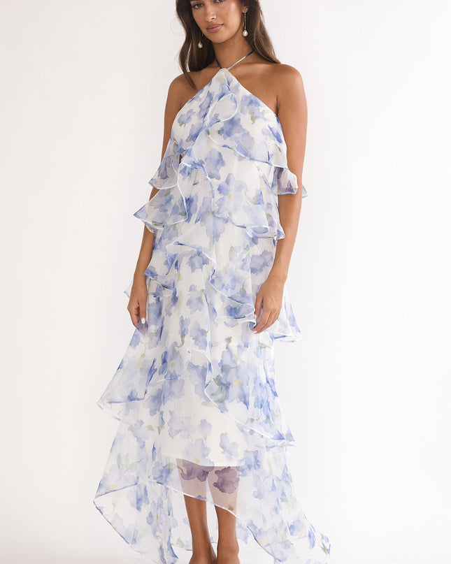 Blue Tiered Ruffle Maxi Dress Floral