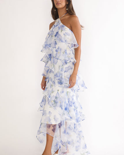 Blue Tiered Ruffle Maxi Dress Floral