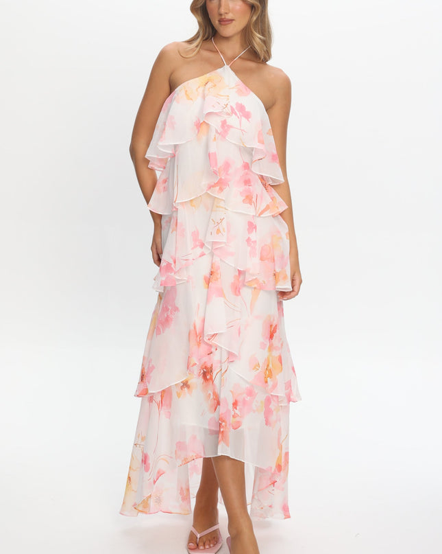 Pink Tiered Ruffle Maxi Dress Floral