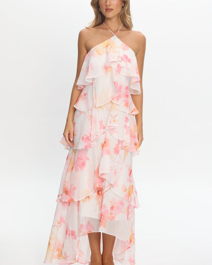 Pink Tiered Ruffle Maxi Dress Floral