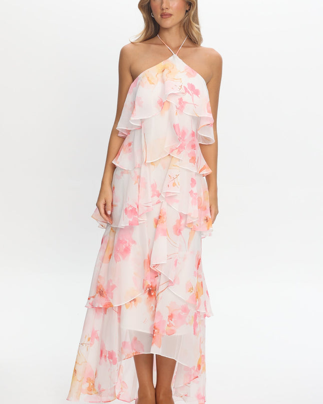 Pink Tiered Ruffle Maxi Dress Floral
