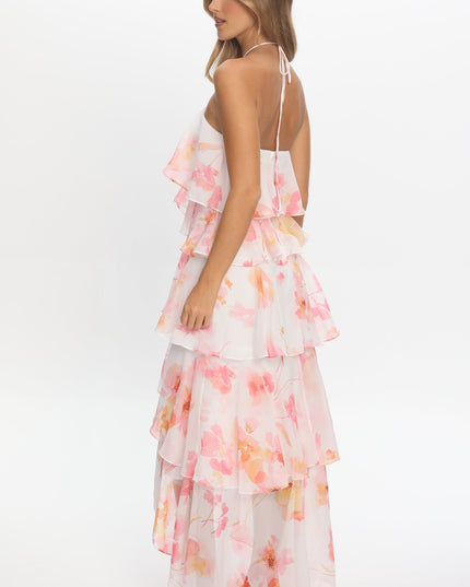 Pink Tiered Ruffle Maxi Dress Floral