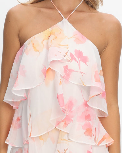 Pink Tiered Ruffle Maxi Dress Floral