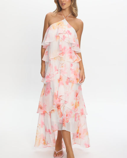 Pink Tiered Ruffle Maxi Dress Floral
