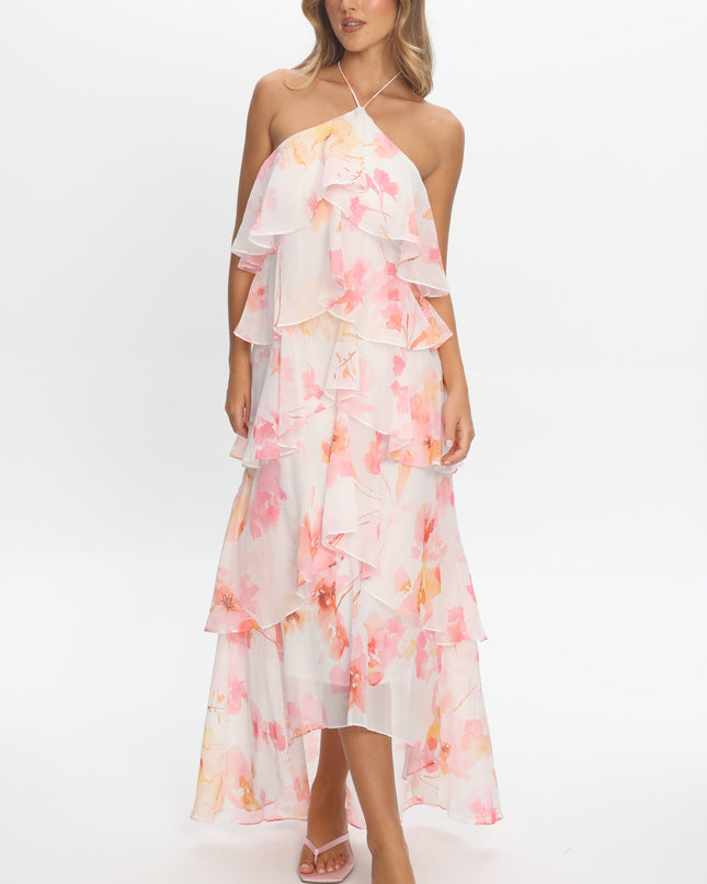 Pink Tiered Ruffle Maxi Dress Floral