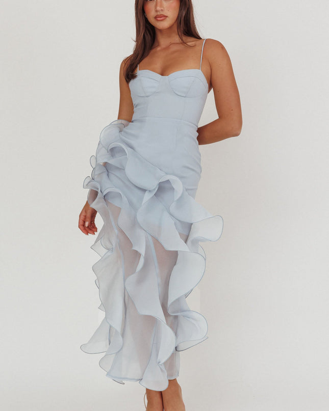 Blue Asymmetric Ruffle Trim Maxi Dress