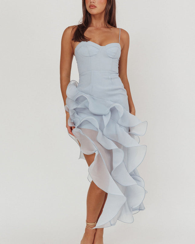 Blue Asymmetric Ruffle Trim Maxi Dress