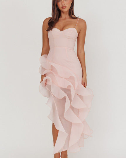 Pink Asymmetric Ruffle Trim Maxi Dress