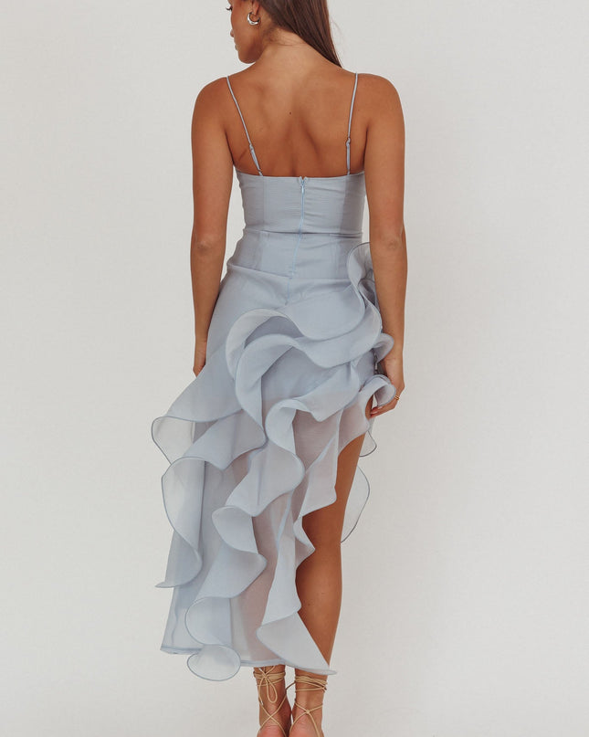 Blue Asymmetric Ruffle Trim Maxi Dress