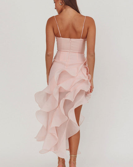 Pink Asymmetric Ruffle Trim Maxi Dress