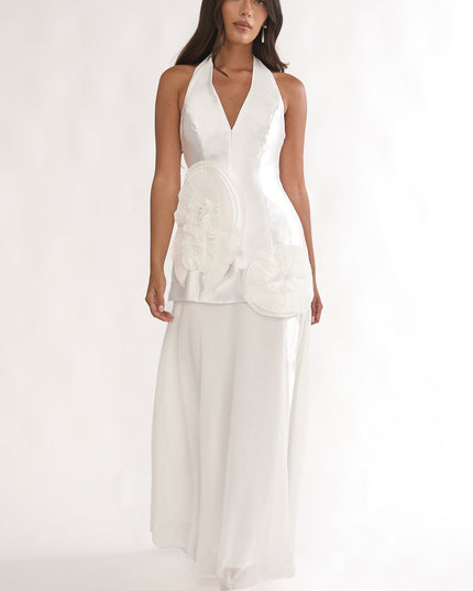 White 3D Ruffle Halter Maxi Dress