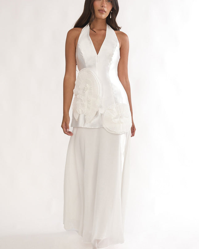 White 3D Ruffle Halter Maxi Dress