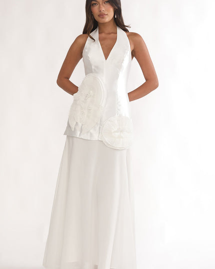 White 3D Ruffle Halter Maxi Dress