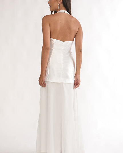 White 3D Ruffle Halter Maxi Dress