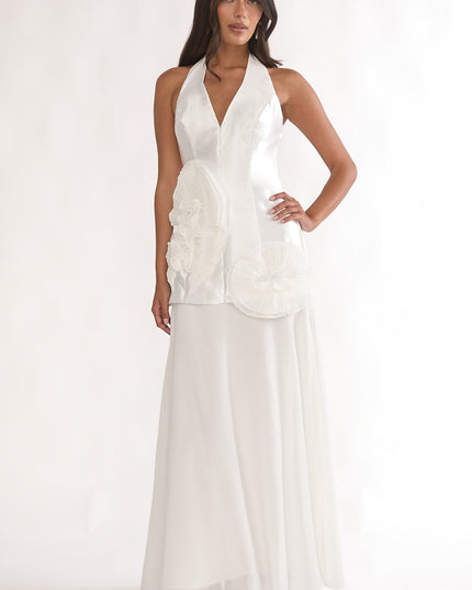 White 3D Ruffle Halter Maxi Dress