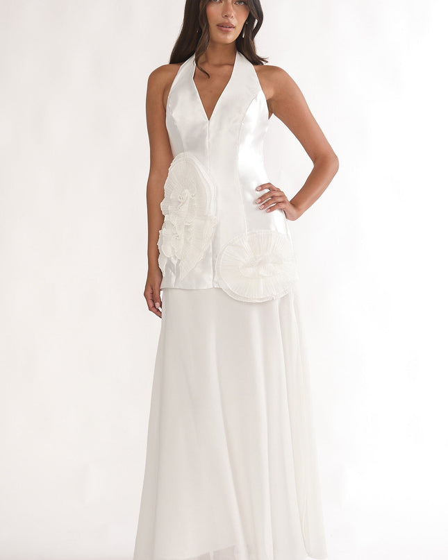 White 3D Ruffle Halter Maxi Dress