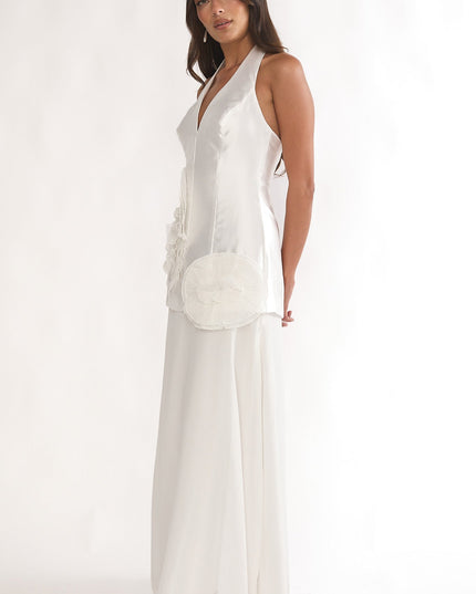White 3D Ruffle Halter Maxi Dress