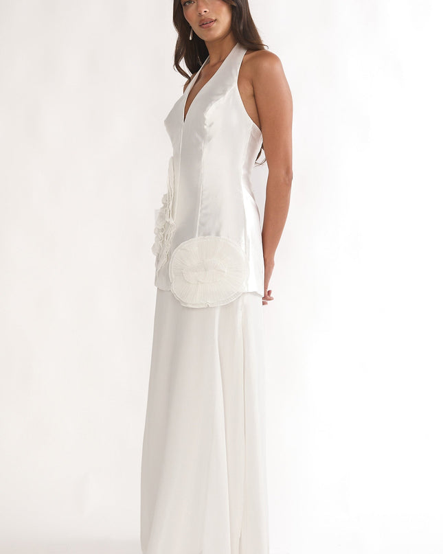White 3D Ruffle Halter Maxi Dress