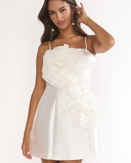 White 3D Ruffle Design Mini Dress