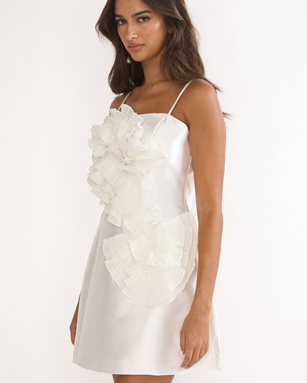 White 3D Ruffle Design Mini Dress