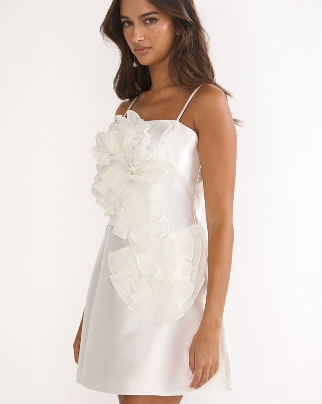 White 3D Ruffle Design Mini Dress