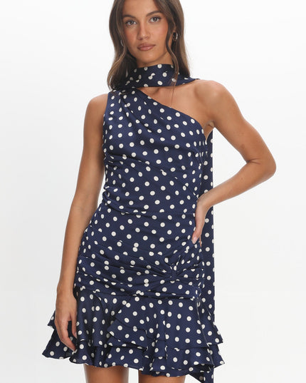 Navy One-Shoulder Sash Mini Dress Polka Dot