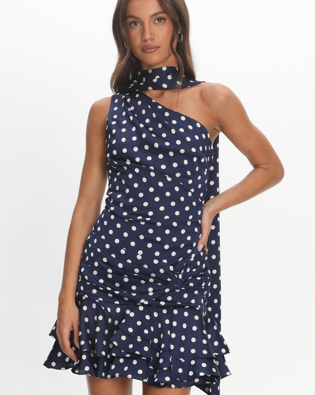 Navy One-Shoulder Sash Mini Dress Polka Dot