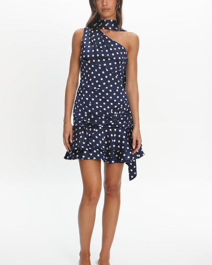 Navy One-Shoulder Sash Mini Dress Polka Dot