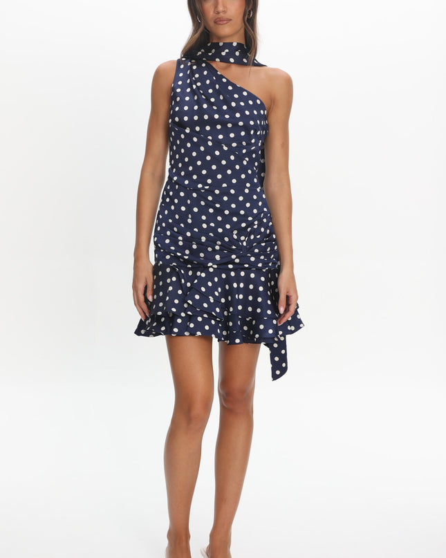 Navy One-Shoulder Sash Mini Dress Polka Dot
