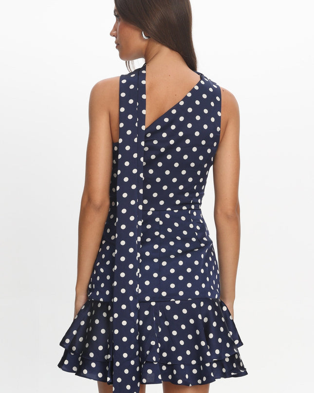 Navy One-Shoulder Sash Mini Dress Polka Dot