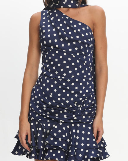 Navy One-Shoulder Sash Mini Dress Polka Dot
