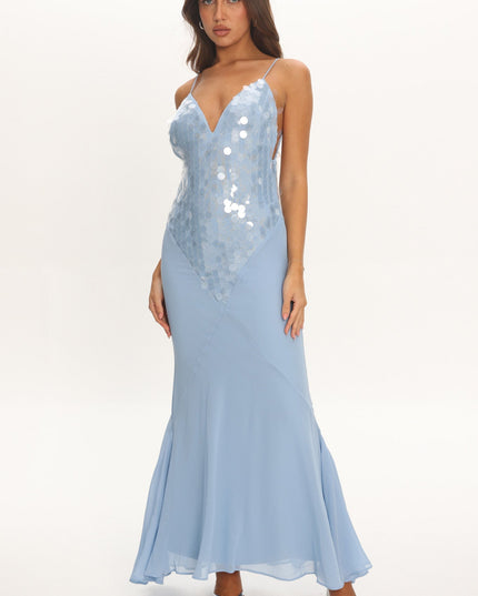 Blue V-Neck Maxi Dress Sequin