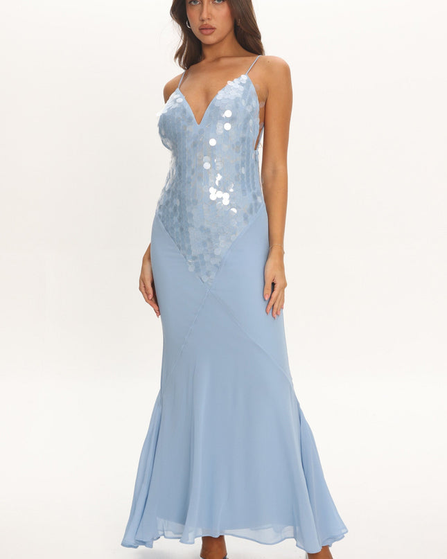 Blue V-Neck Maxi Dress Sequin