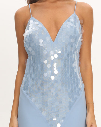 Blue V-Neck Maxi Dress Sequin