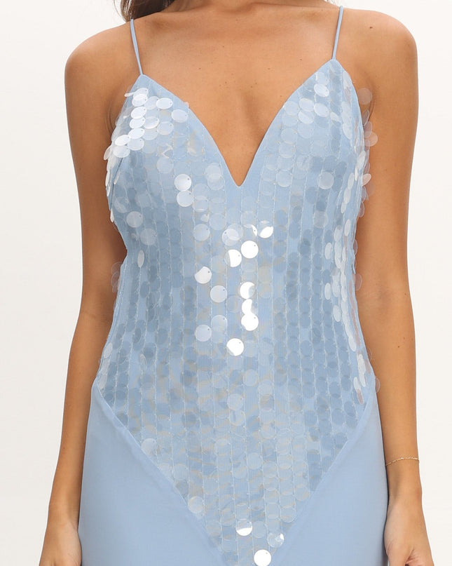 Blue V-Neck Maxi Dress Sequin