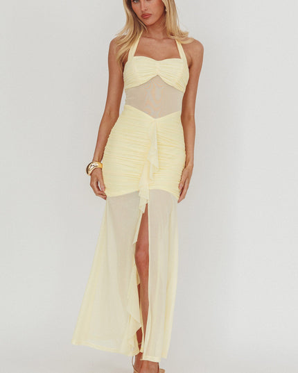 Yellow Sheer Insert Ruched Maxi Dress
