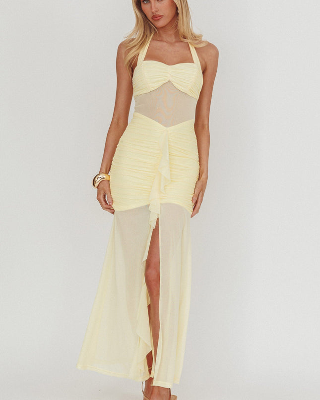 Yellow Sheer Insert Ruched Maxi Dress